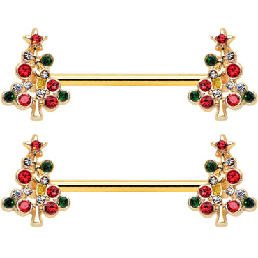 14G 9/16 Red Gem Gold Tone Christmas Tree Nipple Ring Set