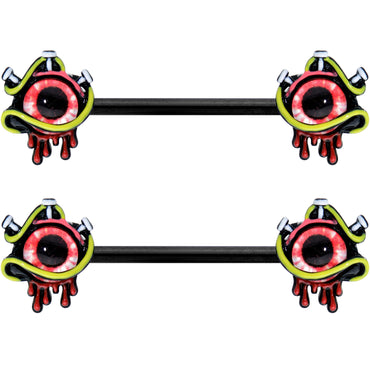 14G 9/16 Black Spiky Eyeball Halloween Barbell Nipple Ring Set