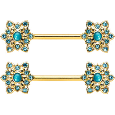 14G 9/16 Aqua Gem Gold Tone Snowflake Christmas Nipple Ring Set