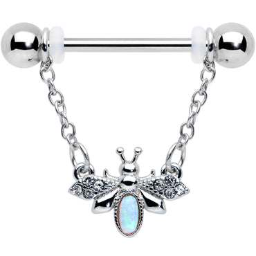 14G 9/16 White Synthetic Opal Chain Dangle Nipple Ring Set