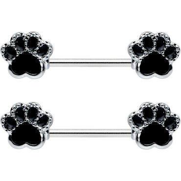 14G 9/16 Textured Black Paw Print Barbell Nipple Ring Set