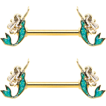 14G 9/16 Green Faux Opal Gold Tone Curvy Mermaid Nipple Ring Set