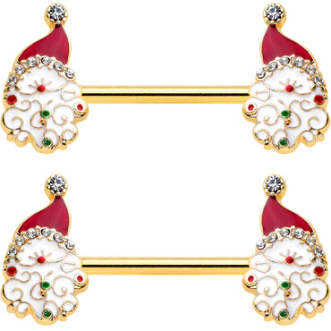 14G 1/2 Clear Gem Gold Tone Decorated Santa Barbell Nipple Ring Set