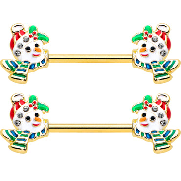 14G 9/16 Clear Gem Gold Tone Snowman Christmas Nipple Ring Set