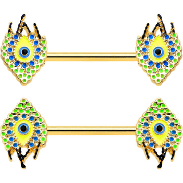 14G 9/16 Gold Tone Bold Peacock Feather Barbell Nipple Ring Set
