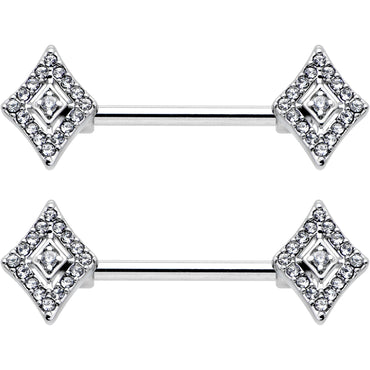 14G 9/16 Clear Gem Double Rhombus Deco Barbell Nipple Ring Set