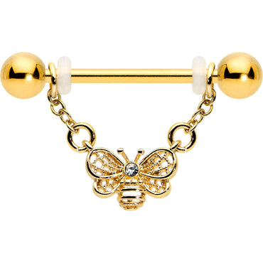 14G 5/8 Clear Gem Gold Tone Chain Dangle Barbell Nipple Ring Set