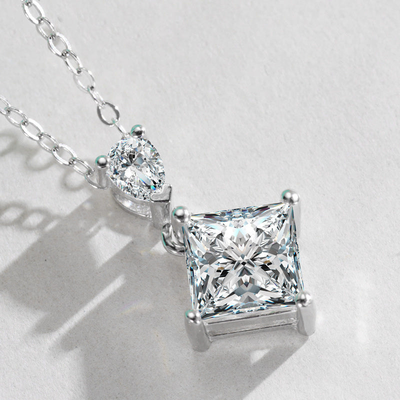 S925 Sterling Silver Princess & Pear Cut Two-Stone Necklace, 1ct D-VVS1 Moissanite Pendant, Platinum Plated 40&45cm Chain, GRA Certified Women's Jewelry Gift Box