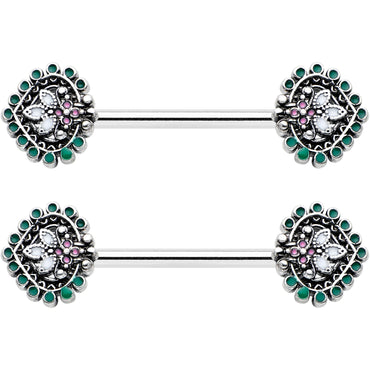 14G 9/16 Stylized Pink Green Leaf Barbell Nipple Ring Set