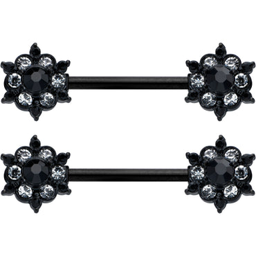 14G 9/16 Clear CZ Gem Black Abstract Sun Barbell Nipple Ring Set