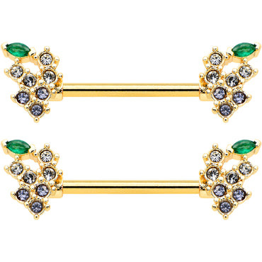 14G 9/16 Clear CZ Gem Gold Tone Bunch Grapes Nipple Ring Set