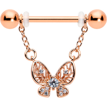 14G 5/8 Clear Gem Rosy Tone Airy Butterfly Dangle Nipple Ring Set
