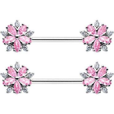 14G 9/16 Pink CZ Gem Floral Burst Barbell Nipple Ring Set