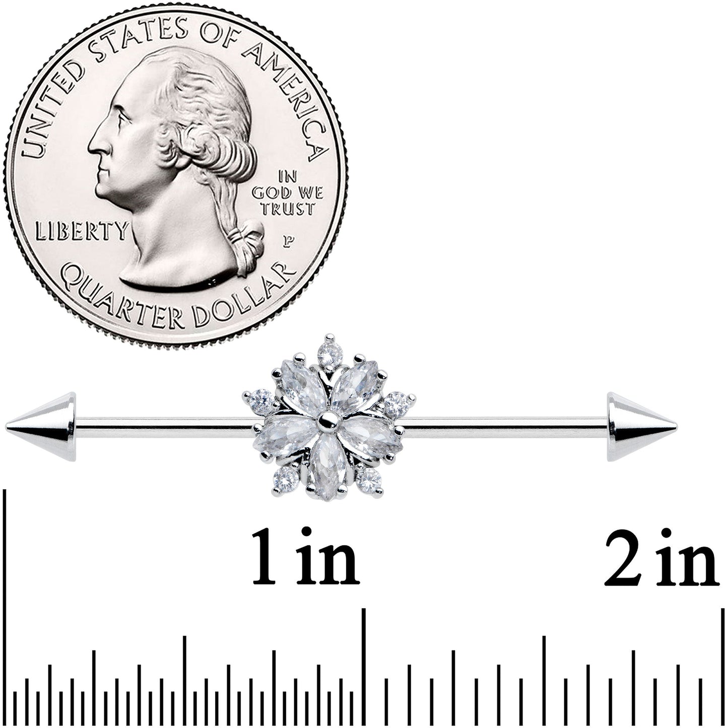 14G Clear CZ Gem Floral Burst Cone Ends Industrial Barbell 38mm