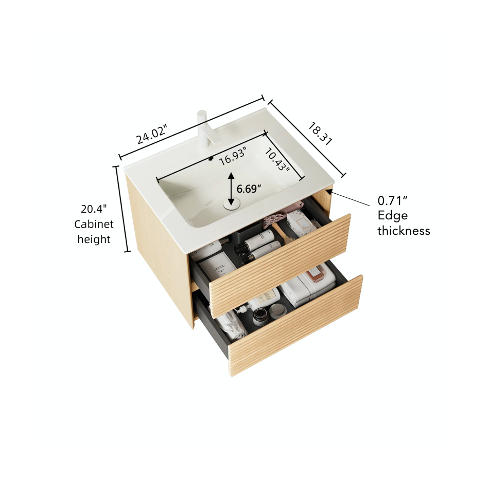 24' Bathroom Vanity with Sink, Wall-Mounted Floating Plywood Bathroom Storage