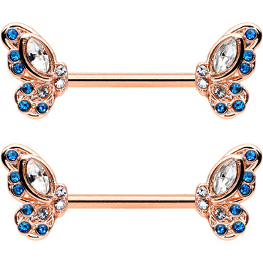 14G 9/16 Clear Blue Gem Rosy Tone Butterfly Wing Nipple Ring Set