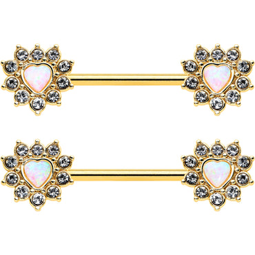 14G 9/16 White Synthetic Opal Gold Tone Sun Heart Nipple Ring Set