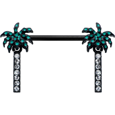 14G 9/16 Clear Gem Black Night Palm Tree Dangle Nipple Ring Set