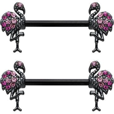 14G 9/16 Pink Gem Black Fashion Flamingo Barbell Nipple Ring Set