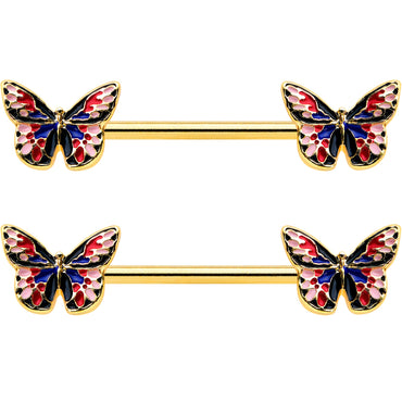 14G 5/8 Gold Tone Pink Blue Red Butterfly Barbell Nipple Ring Set