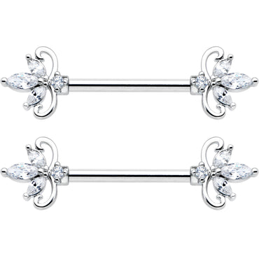 14G 9/16 Clear CZ Gem Double Heart Baroque Barbell Nipple Ring Set
