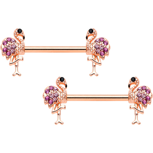 14G 9/16 Pink Gem Rose Gold Hue Fashion Flamingo Nipple Ring Set