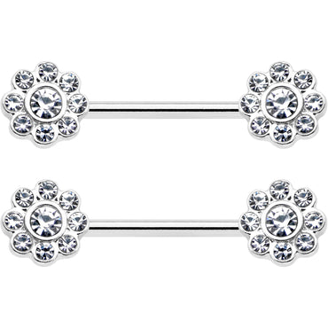 14G 9/16 Clear Gem Whimsy Flower Barbell Nipple Ring Set
