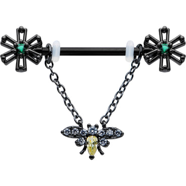 14G 9/16 Yellow Gem Black Butterfly Chain Dangle Nipple Ring Set
