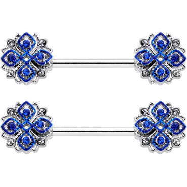 14G 9/16 Clear Blue Gem Embellished Cross Barbell Nipple Ring Set