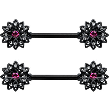 14G 9/16 Clear Gem Black Midnight Flower Barbell Nipple Ring Set