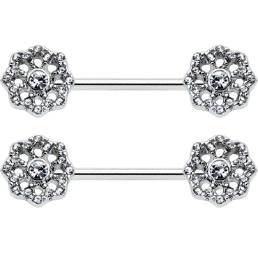 14G 9/16 Clear Gem Epic Fabulous Flower Barbell Nipple Ring Set