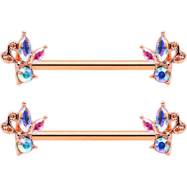 14G 5/8 Aurora CZ Gem Rosy Hue Fleur de Lis Butterfly Barbell Nipple Ring Set