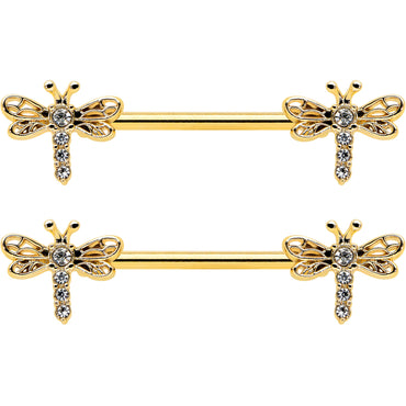 14G 9/16 Clear Gem Gold Tone Flying Dragonfly Nipple Ring Set