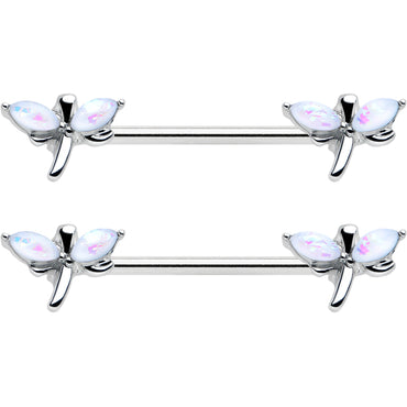14G 5/8 White Faux Opal Styled Dragonfly Barbell Nipple Ring Set