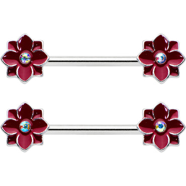 14G 9/16 Aurora Gem Poinsettia Flower Barbell Nipple Ring Set