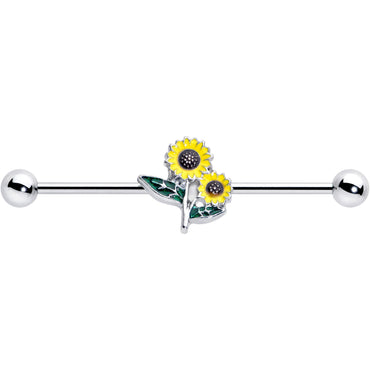 14G Cheery Inlay Sunflowers Industrial Barbell 38mm