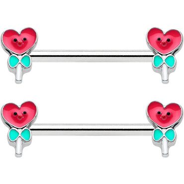 14G 9/16 Sweet Happy Heart Lollipop Barbell Nipple Ring Set