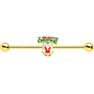14G Gold Hue Merry Christmas Santa Inlaid Industrial Barbell 38mm