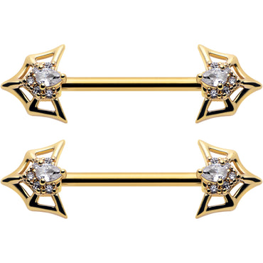 14G 5/8 Clear Gem Gold Tone Spider Bat Barbell Nipple Ring Set