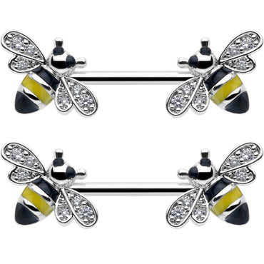 14G 9/16 Clear CZ Gem Honey Bees Barbell Nipple Ring Set