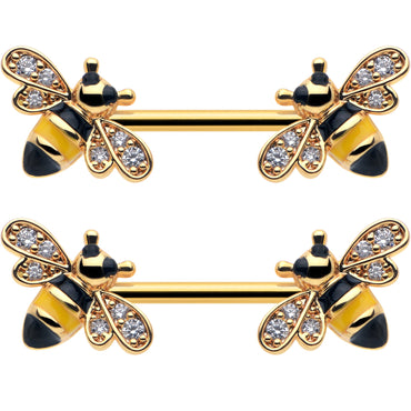 14G 9/16 Clear CZ Gem Gold Hue Honey Bees Barbell Nipple Ring Set