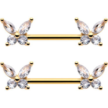 14G 9/16 Clear CZ Gem Gold Tone Butterflies Barbell Nipple Ring Set