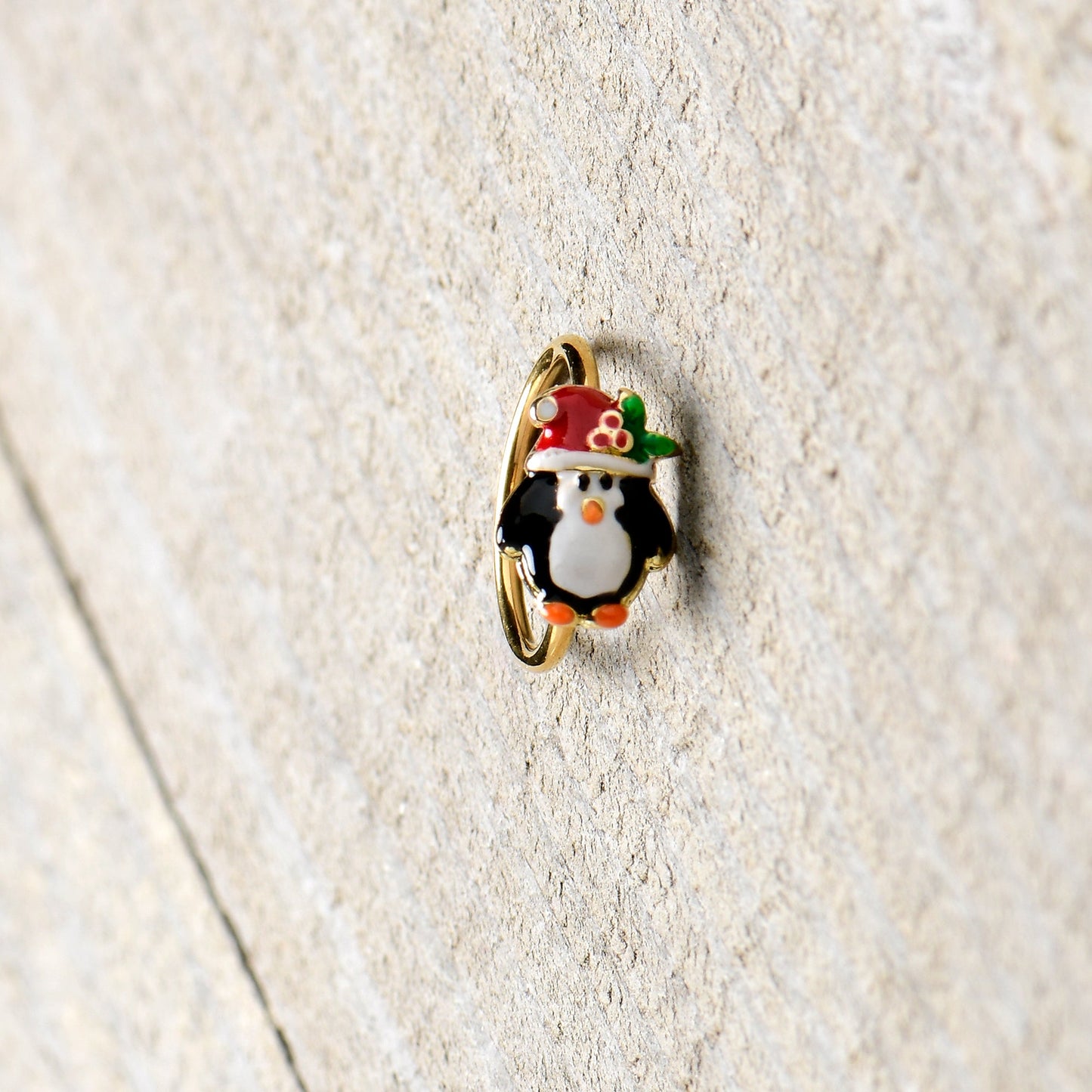 20G 5/16 Gold Tone Holly Hat Penguin Holiday Nose Hoop