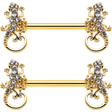 14G 9/16 Clear Gem Gold Hue Luscious Lizard Barbell Nipple Ring Set