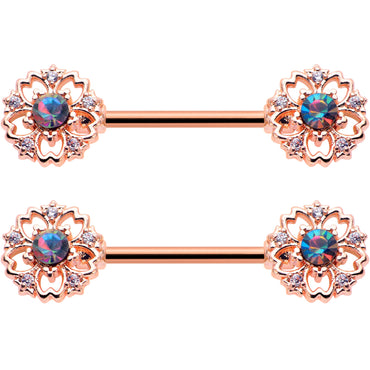 14G 9/16 Vitrail Gem Rosy Hue Flower Barbell Nipple Ring Set