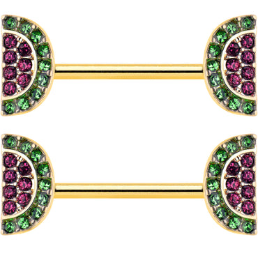 14G 9/16 Pink Gem Gold Hue Watermelon Yum Barbell Nipple Ring Set