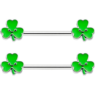 14G 9/16 Kawaii Smile Shamrock St Patricks Barbell Nipple Ring Set