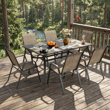 7-Piece Outdoor Patio Dining Set, 63' x 38' Rectangular Wood-Grain Metal Table