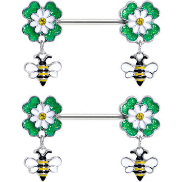 14G 9/16 Yellow Gem Daisy Bee Glittery Barbell Nipple Ring Set