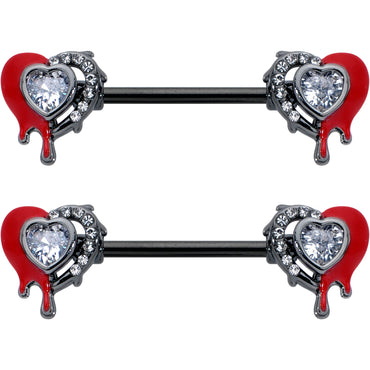 14G 9/16 Clear Gem Black Bleeding Heart Barbell Nipple Ring Set
